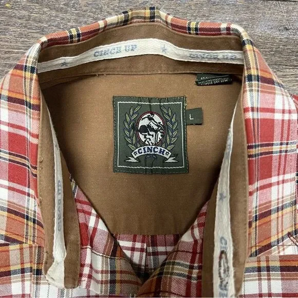Cinch Shirt Men's Large Red Tan Plaid Long Sleeve Rodeo Western button up Miller - Picture 5 of 8